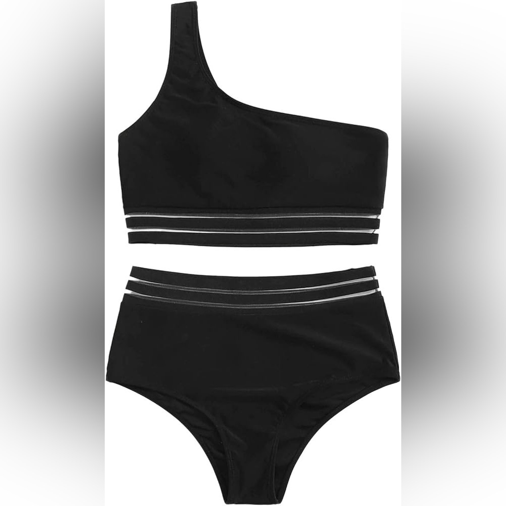 Women's 2 Pieces Mesh Stripe One Shoulder Top with High Waist Bikini Set black